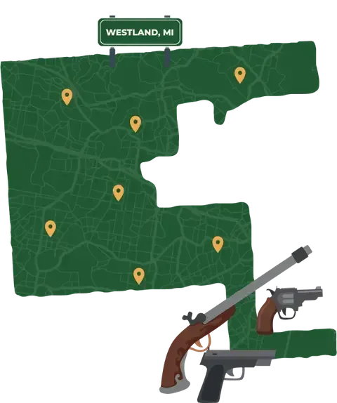 Picture of Westland, Michigan City Map with Westland sign on it and places that we buy guns from.