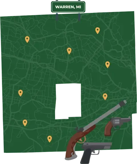 Picture of Warren, Michigan City Map with Warren sign on it and places that we buy guns from.