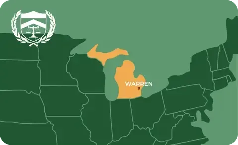 State map with Warren, Michigan highlighted, showing that Cash for Arms purchases guns in Warren