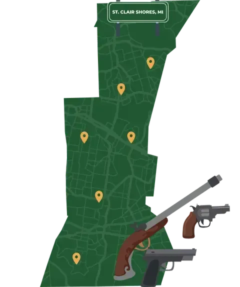 Picture of St. Clair Shores, Michigan City Map with St. Clair Shores sign on it and places that we buy guns from.