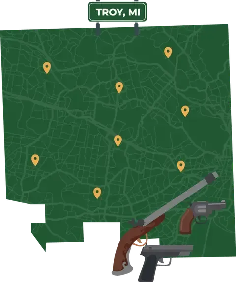 Picture of Troy, Michigan City Map with Troy sign on it and places that we buy guns from.