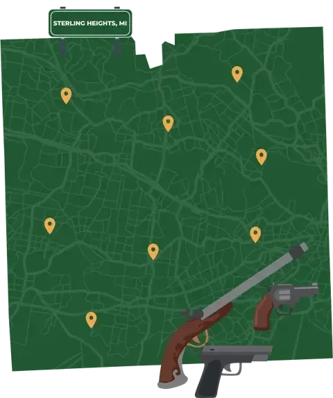 Picture of Sterling Heights, Michigan City Map with Sterling Heights sign on it and places that we buy guns from.