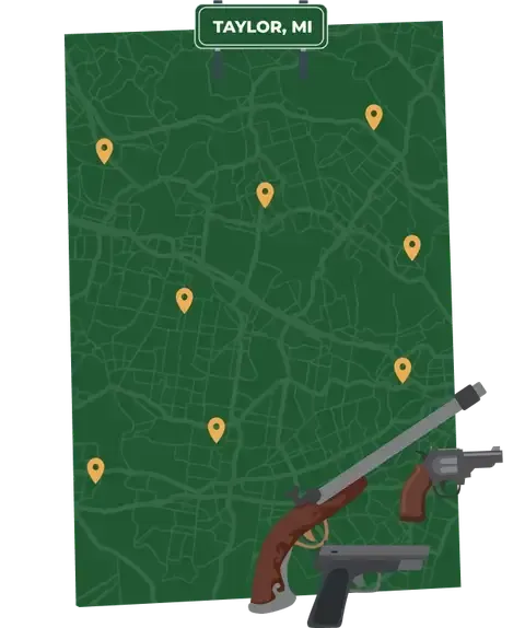 Picture of Taylor, Michigan City Map with Taylor sign on it and places that we buy guns from.
