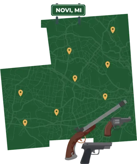 Picture of Novi, Michigan City Map with Novi sign on it and places that we buy guns from.