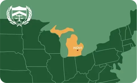 State map with Novi, Michigan highlighted, showing that Cash for Arms purchases guns in Novi