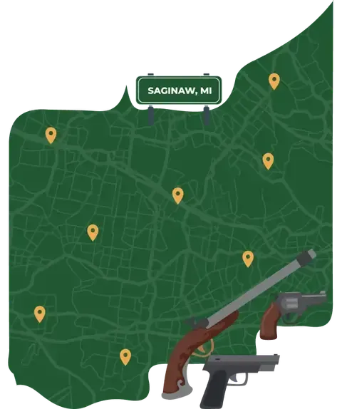 Picture of Saginaw, Michigan City Map with Saginaw sign on it and places that we buy guns from.