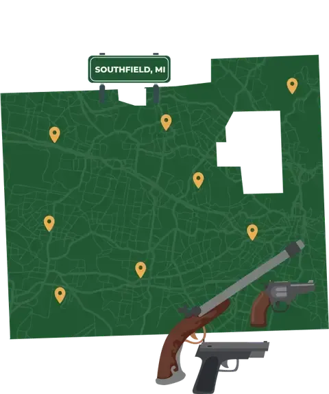 Picture of Southfield, Michigan City Map with Southfield sign on it and places that we buy guns from.