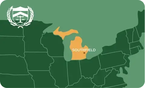 State map with Southfield, Michigan highlighted, showing that Cash for Arms purchases guns in Southfield