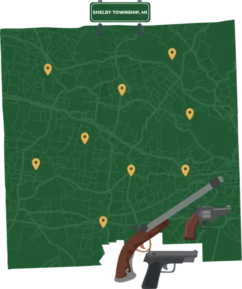 Picture of Shelby Township, Michigan City Map with Shelby Township sign on it and places that we buy guns from.