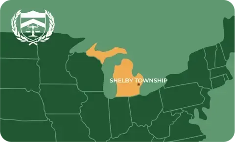 State map with Shelby Township, Michigan highlighted, showing that Cash for Arms purchases guns in Shelby Township