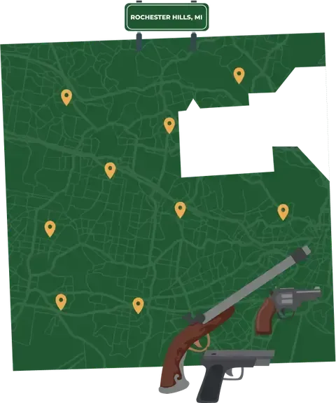 Picture of Rochester Hills, Michigan City Map with Rochester Hills sign on it and places that we buy guns from.