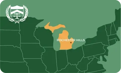 State map with Rochester Hills, Michigan highlighted, showing that Cash for Arms purchases guns in Rochester Hills