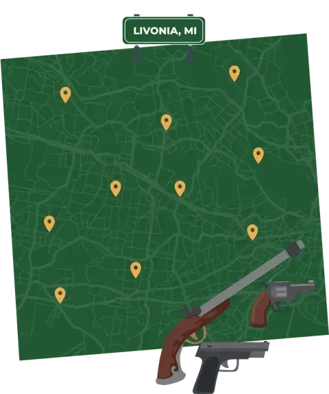 Picture of Livonia, Michigan City Map with Livonia sign on it and places that we buy guns from.