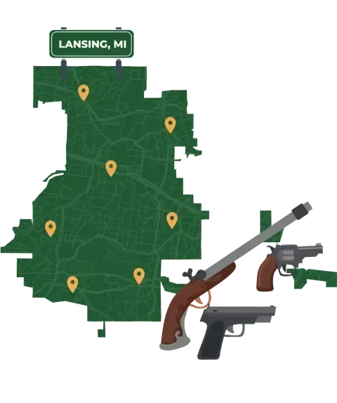 Picture of Lansing, Michigan City Map with Lansing sign on it and places that we buy guns from.