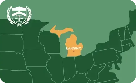 State map with Lansing, Michigan highlighted, showing that Cash for Arms purchases guns in Lansing
