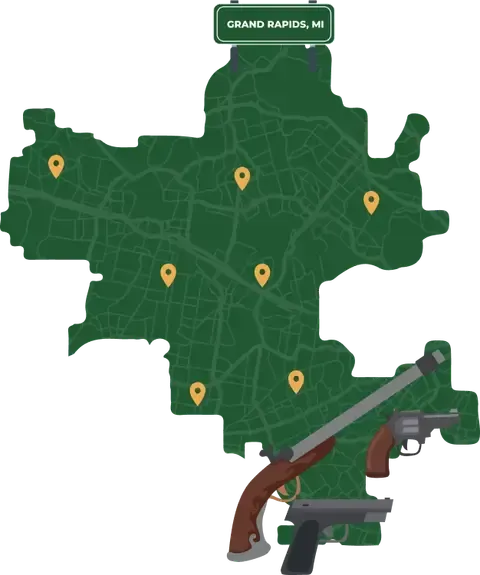 Picture of Grand Rapids, Michigan City Map with Grand Rapids sign on it and places that we buy guns from.