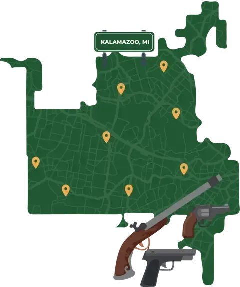 Picture of Kalamazoo, Michigan City Map with Kalamazoo sign on it and places that we buy guns from.