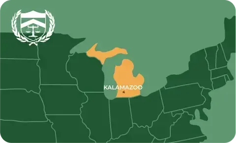 State map with Kalamazoo, Michigan highlighted, showing that Cash for Arms purchases guns in Kalamazoo