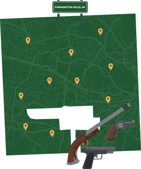 Picture of Farmington Hills, Michigan City Map with Farmington Hills sign on it and places that we buy guns from.