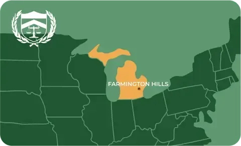 State map with Farmington Hills, Michigan highlighted, showing that Cash for Arms purchases guns in Farmington Hills