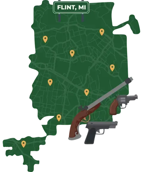 Picture of Flint, Michigan City Map with Flint sign on it and places that we buy guns from.