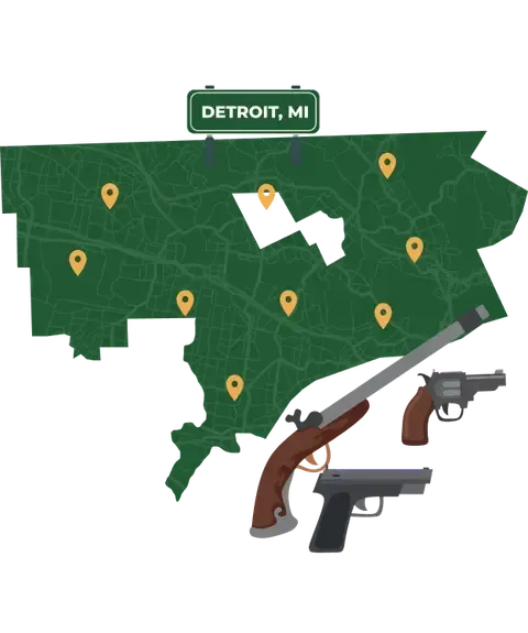 Picture of Detroit, Michigan City Map with Detroit sign on it and places that we buy guns from.