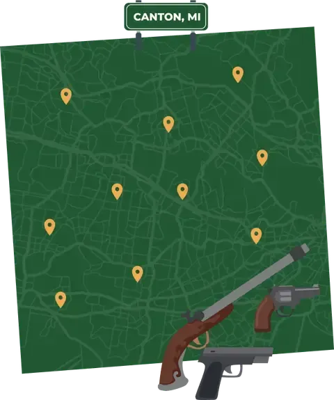 Picture of Canton, Michigan City Map with Canton sign on it and places that we buy guns from.