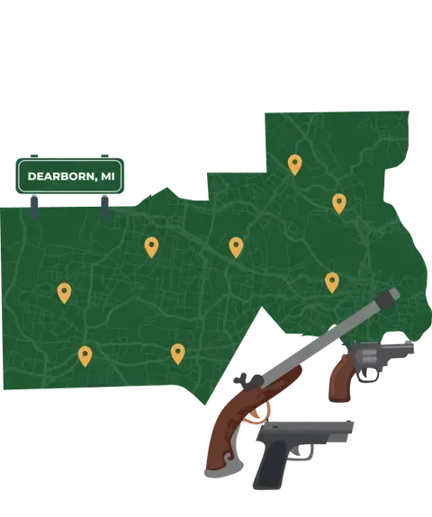 Picture of Dearborn, Michigan City Map with Dearborn sign on it and places that we buy guns from.