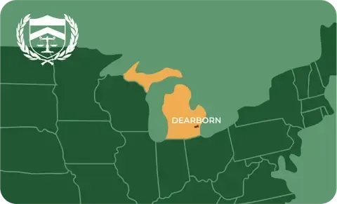 State map with Dearborn, Michigan highlighted, showing that Cash for Arms purchases guns in Dearborn