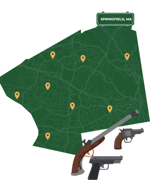 Picture of Springfield, Massachusetts City Map with Springfield sign on it and places that we buy guns from.