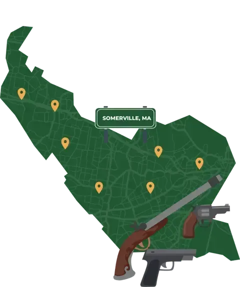 Picture of Somerville, Massachusetts City Map with Somerville sign on it and places that we buy guns from.