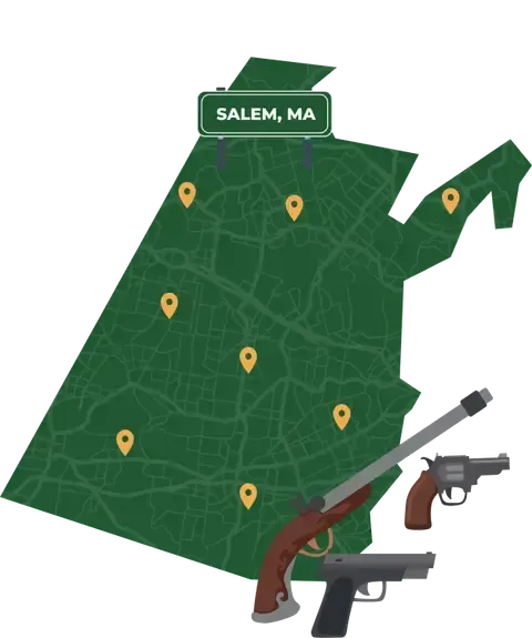 Picture of Salem, Massachusetts City Map with Salem sign on it and places that we buy guns from.
