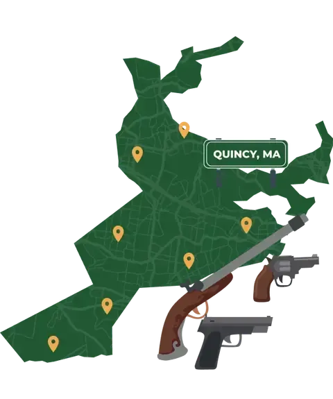 Picture of Quincy, Massachusetts City Map with Quincy sign on it and places that we buy guns from.