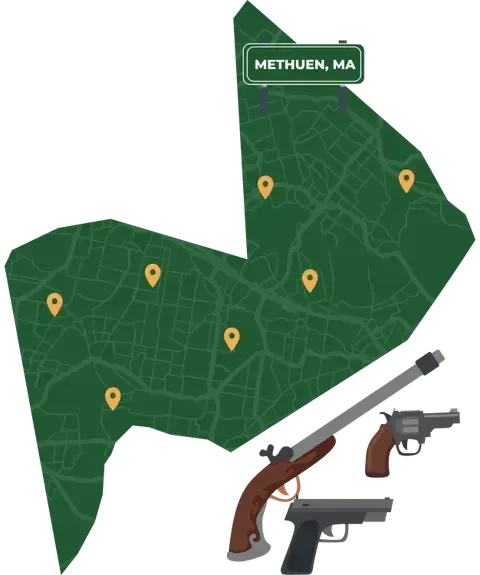 Picture of Methuen, Massachusetts City Map with Methuen sign on it and places that we buy guns from.