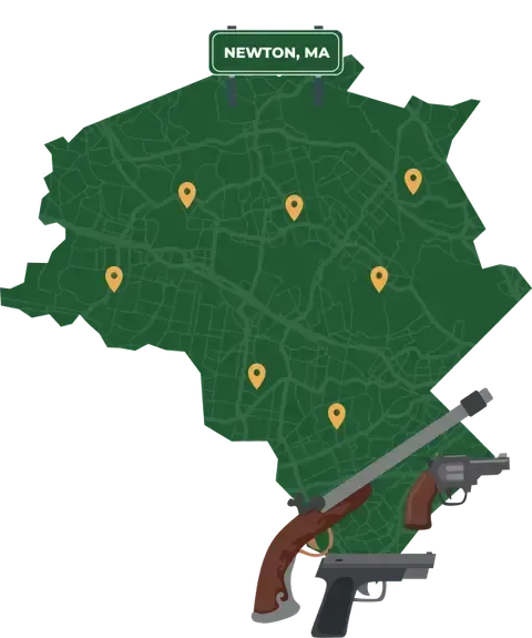 Picture of Newton, Massachusetts City Map with Newton sign on it and places that we buy guns from.