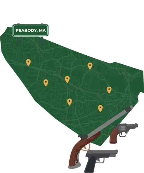 Picture of Peabody, Massachusetts City Map with Peabody sign on it and places that we buy guns from.