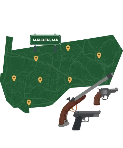 Picture of Malden, Massachusetts City Map with Malden sign on it and places that we buy guns from.