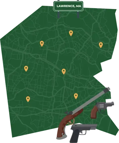 Picture of Lawrence, Massachusetts City Map with Lawrence sign on it and places that we buy guns from.