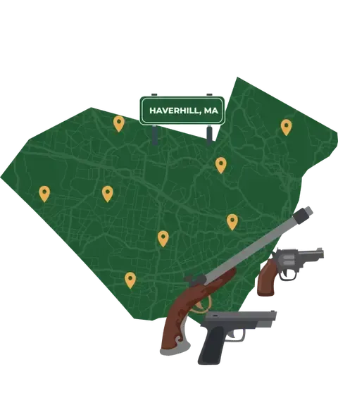 Picture of Haverhill, Massachusetts City Map with Haverhill sign on it and places that we buy guns from.
