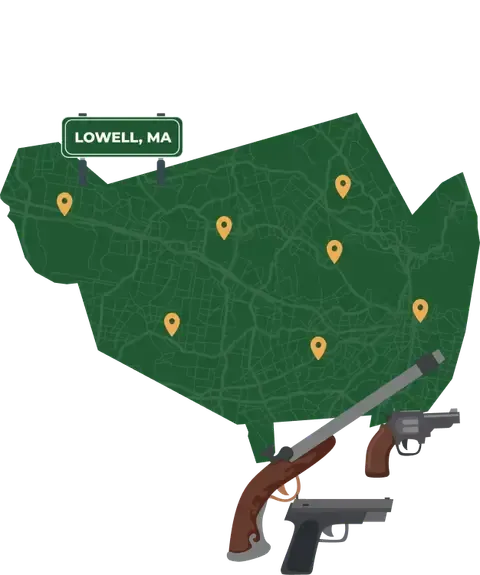 Picture of Lowell, Massachusetts City Map with Lowell sign on it and places that we buy guns from.