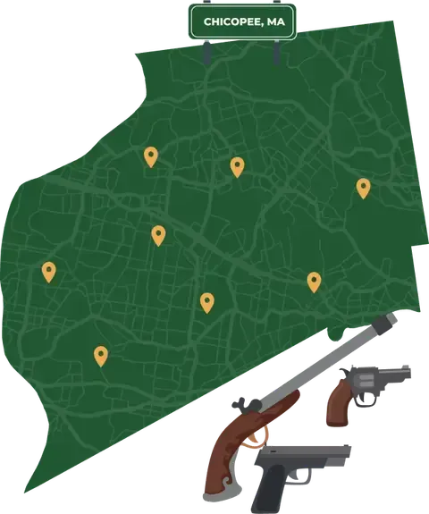 Picture of Chicopee, Massachusetts City Map with Chicopee sign on it and places that we buy guns from.