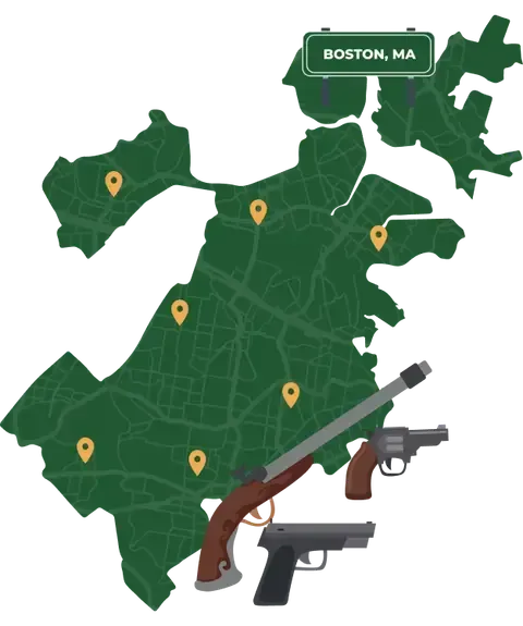 Picture of Boston, Massachusetts City Map with Boston sign on it and places that we buy guns from.
