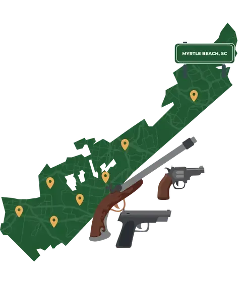 Picture of Myrtle Beach, South Carolina City Map with Myrtle Beach sign on it and places that we buy guns from.