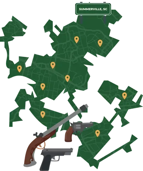 Picture of Summerville, South Carolina City Map with Summerville sign on it and places that we buy guns from.