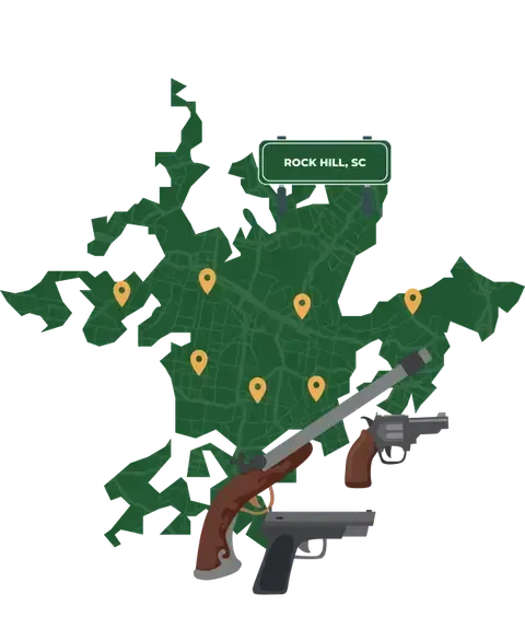 Picture of Rock Hill, South Carolina City Map with Rock Hill sign on it and places that we buy guns from.